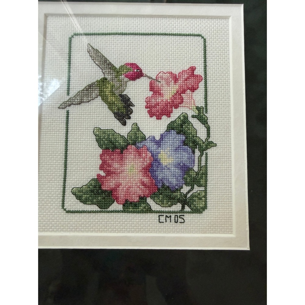 Handmade Framed Hummingbird Cross Stitch Art 12x13 White Green Floral 2005 - Picture 2 of 8